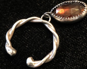 Handmade Argentium Silver Twist Hessonite Garnet Gemstone Charm Dangle Ring / Ear Cuff
