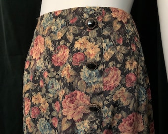 Vintage 80's Floral Rose Tapestry Pencil Skirt w/ Side Slit + Jewel Buttons