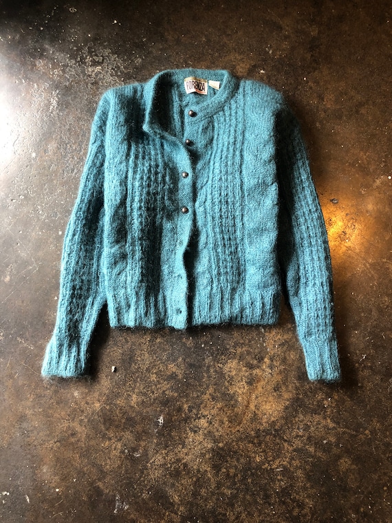 Vintage 80s Teal Cable Knit Cardigan