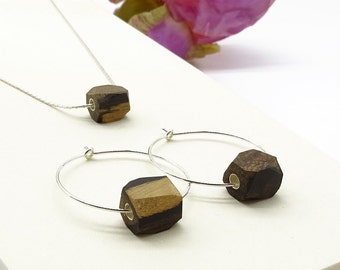 BÜKK Design Jewelry - Handmade natural wood, sterling silver hoop earring + necklace - Elegant, ziricote pearl jewel