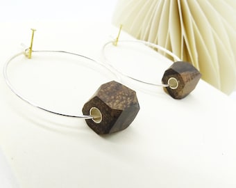 BÜKK Design Jewelry - Handmade natural wood, sterling silver hoop earring - Elegant, Ziricote pearl jewel