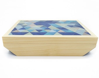Small jewelry box with cropped corners and marquetry on top / Handmade, unique design marquetry box / Solid sycamore storage box
