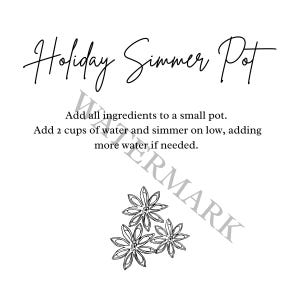 May include: A white graphic with the text "Holiday Simmer Pot" in elegant script. Instructions are provided: "Add all ingredients to a small pot. Add 2 cups of water and simmer on low, adding more water if needed." Decorative floral elements are also included.