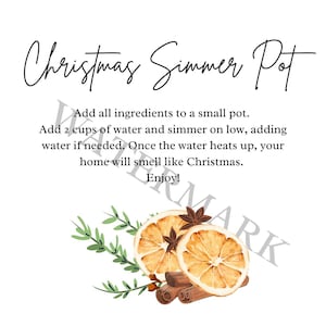 Puede incluir: Imagen con fondo blanco y texto "Christmas Simmer Pot". La imagen incluye instrucciones para una olla a fuego lento, junto con ilustraciones de rodajas de naranja, palitos de canela y vegetación.