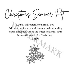May include: A black and white illustration of a Christmas simmer pot recipe. The recipe instructs to add all ingredients to a small pot, add 2 cups of water, and simmer on low. The recipe also states that once the water heats up, your home will smell like Christmas. Enjoy!