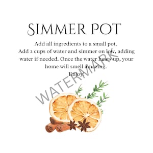Op de afbeelding: Een witte instructiekaart met de titel SIMMER POT en tekst die uitlegt hoe je ingrediënten toevoegt aan een kleine pan met 2 kopjes water. Onder de tekst staat een aquarelillustratie van twee sinaasappelschijfjes, kaneelstokjes, steranijs en groene kruiden.