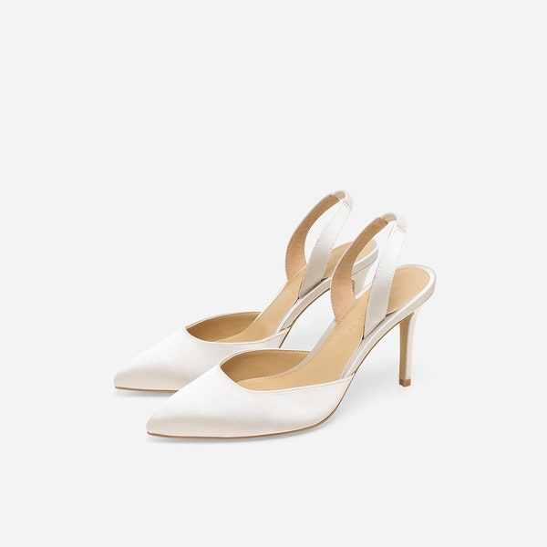 Hebe ivoor pumps, satijnen trouwschoenen, satijnen bruidsschoen, satijnen avondschoenen, bruiloft hakken, bruidsschoenen, slingback pumps