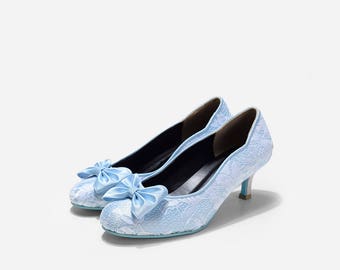 Cranberry Skyfall Baby Blue Lace Pumps, Custom Made Powder Blue Lace Heels, Baby Blue Custom Made Kitten Pumps, Something Blue Wedding Shoes