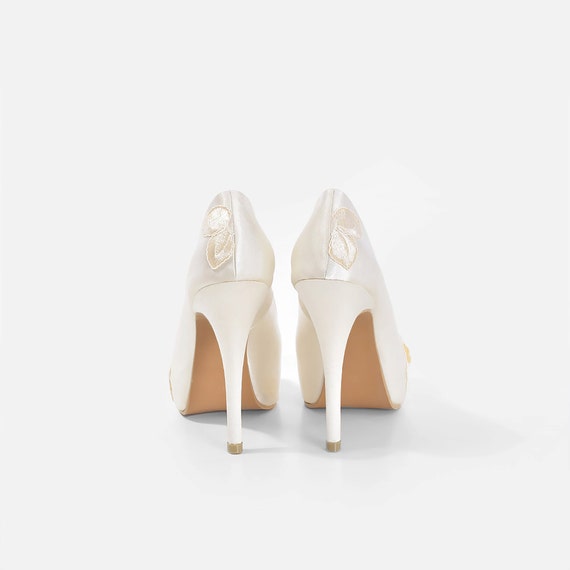 Lorraine V3 Ivory Lace Bridal Heels White Satin Heels with Gold Lace Ivory White Wedding Heels Ivory Lace Bridal Heels with Crystal