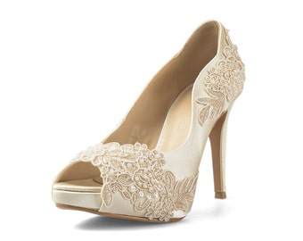 Miss Ace 2.1 Ivory Wedding Heels, Ivory Satin Bridal Heels, Ivory Lace Wedding Shoe, Ivory White Wedding Heels, Lace Wedding Shoe
