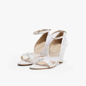 Bella Bells  Custom Made Heels, Lace Chiffon Wedge Wedding Shoes, Ivory White Bridal Wedges, Garden Wedding, Beach Wedding, Bridal Shoes