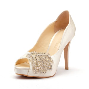 Lust, White Satin Wedding Heels with Rhinestones, Ivory Satin Rhinestone Bridal Heels, Wedding Heels with Beaded Rhinestone Adornment