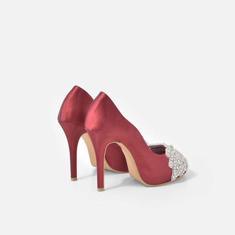 Obsession Burgundy Custom Made Strappy Heels, Burgundy Diamante Lace Pumps, Open Toe Evening Heels, Bespoke Shoes, Maroon Wedding Shoes image 2