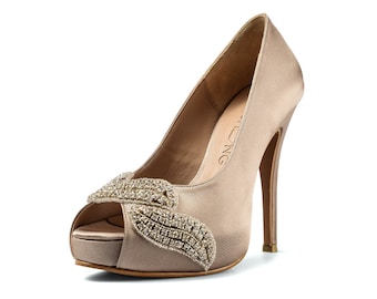 Covet, Dark Champagne Peep Toe Wedding Heel with Swarovski Elements and appliques, Satin Bridal Heel, Dark Champagne Satin Wedding Heel