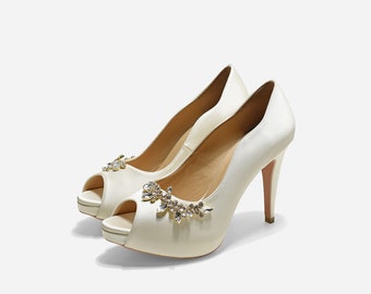 Evelyn Rose Pearl White Wedding Heels, White Satin Bridal Pumps, Satin Pumps with Crystal Applique, Peep Toe Bridal Pumps