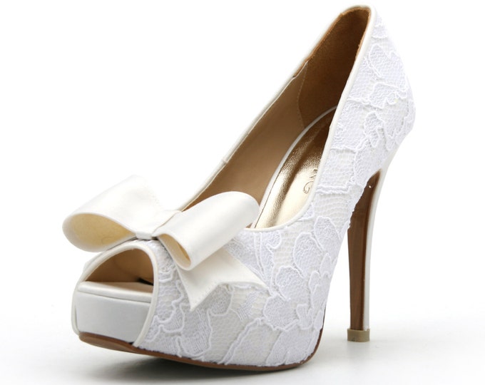 Lace White Wedding Shoe With Bow. Peep Toe Lace White Bridal - Etsy