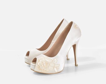 Lorraine V3 Ivory Lace Bridal Heels, White Satin Heels With Gold