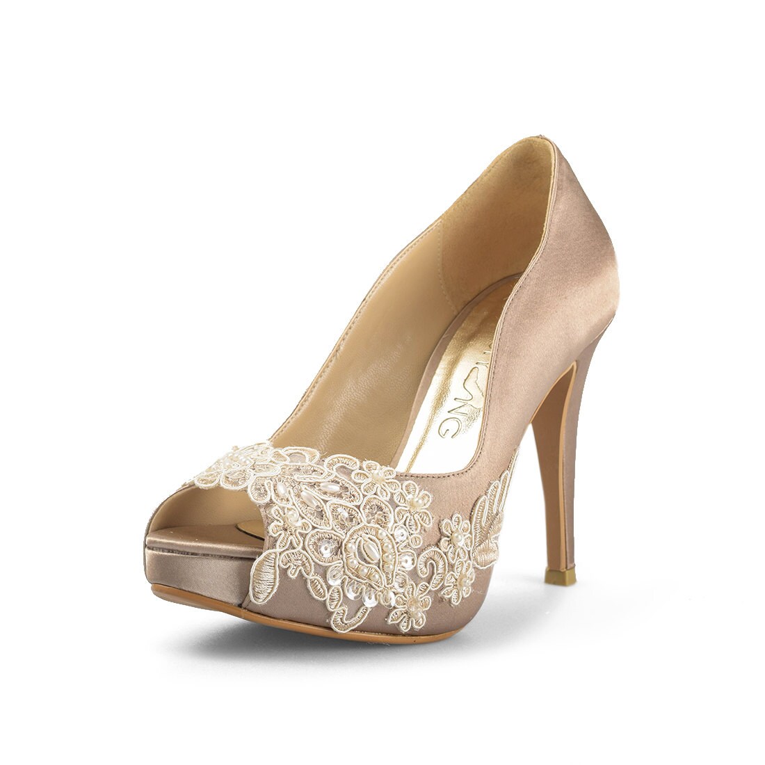 Miss Ace 2 Dark Champagne Wedding Heels Taupe Satin Bridal