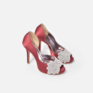 Obsession Burgundy Custom Made Strappy Heels, Burgundy Diamante Lace Pumps, Open Toe Evening Heels, Bespoke Shoes, Maroon Wedding Shoes image 1