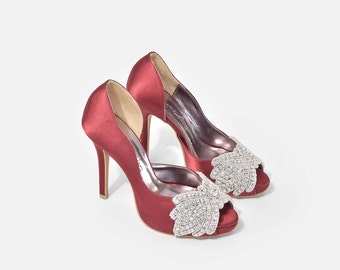 Obsessie Burgundy Custom Made Strappy Heels, Burgundy Diamante Lace Pumps, Avondhakken met open teen, Op maat gemaakte schoenen, Kastanjebruine trouwschoenen