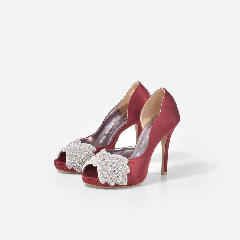 Obsession Burgundy Custom Made Strappy Heels, Burgundy Diamante Lace Pumps, Open Toe Evening Heels, Bespoke Shoes, Maroon Wedding Shoes image 5
