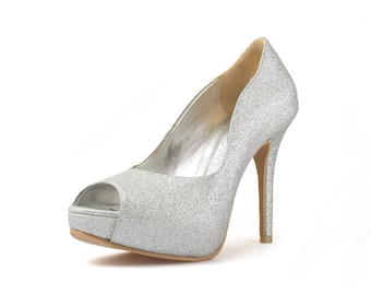 Hollywood Silver Glitter Custom Made Heels, Silver Glitter Peep Toe Pumps, Bespoke Glitter Platform Pumps, Silver Glitter Wedding Heels