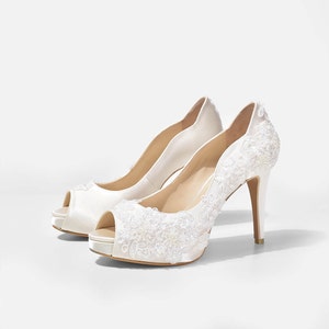 Rosie V3, Lace Wedding Shoes, Beaded Lace Bridal Heels, Ivory White Satin Heels, Peep Toe Wedding Shoes, White Shoes