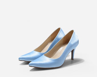 Rubena Something Blue Custom Made Pumps, Powder Blue Satin Pumps, Something Blue Satin Wedding Shoes, Blue Wedding Heels