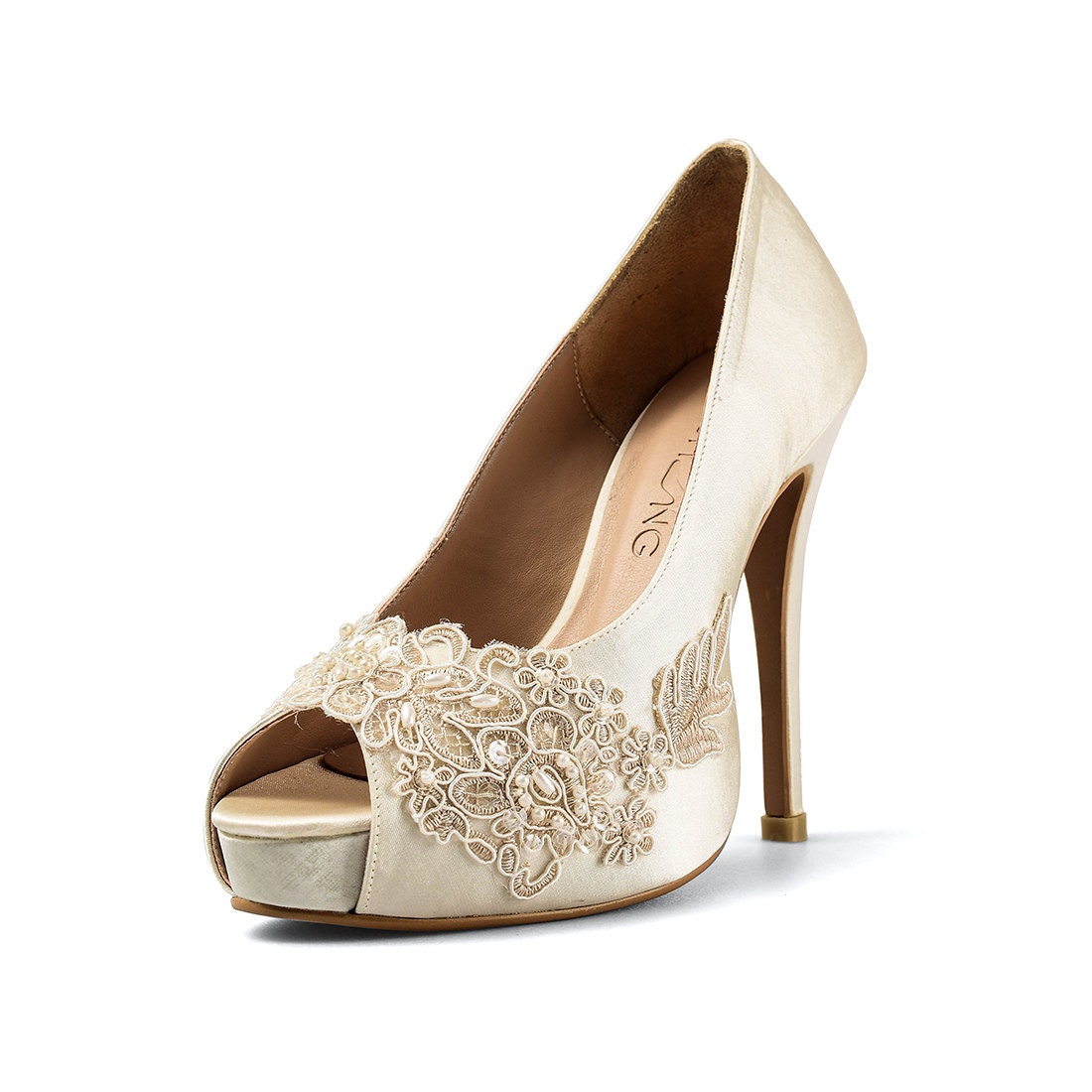Miss Ace 2 Ivory Beige Lace Adorned Wedding Shoes ivory Lace Satin Bridal Heels beige Lace Wedding Shoes Ivory Beige Pearl Bridal Heels Etsy UK