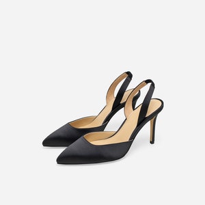 Black satin store slingback evening shoes