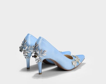Rubena Something Blue Floral Encrusted Custom Made Pumps, Powder Blue Satin Pumps, Something Blue Satin Wedding Shoes, Blue Wedding Heels