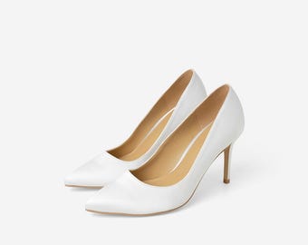 Athena White Pumps, Satin Wedding Shoes, Satin Court Shoes, Satin Evening Shoes, Wedding Heels, Bridal Shoes