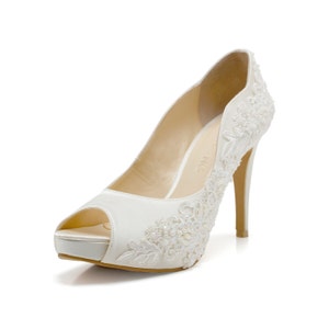 Miss Ace 3,Ivory White LaceAdorned Wedding Shoes,Ivory White Bridal Heels,Ivory White Lace Wedding Shoes, Ivory White Pearl Bridal Heels