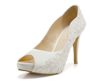 Miss Ace 3,Ivory White LaceAdorned Wedding Shoes,Ivory White Bridal Heels,Ivory White Lace Wedding Shoes, Ivory White Pearl Bridal Heels
