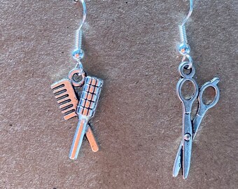 Hairdressing earrings  - hairdressing scissors, brush and comb - mismatched pair - gift for hairdresser - hair dressing student - scissors