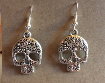 Sugar Skull Earrings - leafy sugar skulls - skull earrings - floral skull -  nature pattern - gifts for her - gifts for goth - halloween