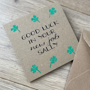 Carte porte-bonheur - carte porte-bonheur trèfle à quatre feuilles - bonne chance dans votre nouvel emploi - carte porte-bonheur personnalisée - carte d'examen - trèfle à quatre feuilles
