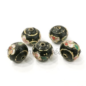 5 Pcs - Cloisonné beads - Flower pattern tops 12 x 11 mm black/gold (nickel-free)