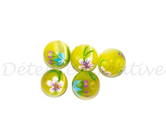 5 Pcs: Cat's eye round beads – Yellow hand painted beads 12mm