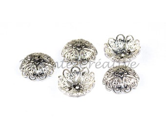 5 Pcs- Coupelles ciselées  - Calottes filigranées métal argenté - 16 mm ( sans nickel)