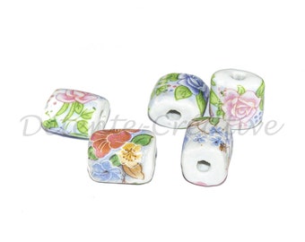 5 Pcs - Irregular ceramic beads - Rectangular beads flower pattern 20x15 mm