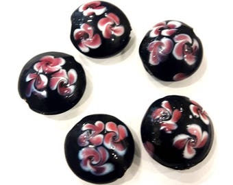 5 Pcs - Irregular round beads - ceramic palets beads flower pattern 28 x 10 x 2 mm