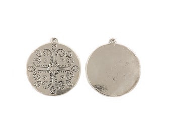 2 Pcs - Pendants rond ethnique - métal argenté vieilli  33 x 1 mm ( sans nickel)