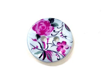 1 Pcs - Silkscreened mother-of-pearl button blue flower decoration 17 mm