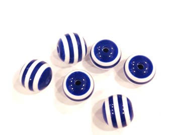 5 Pcs - Round Pearls - Blue and White Striped Synthetic Resin Pearls 12 mm