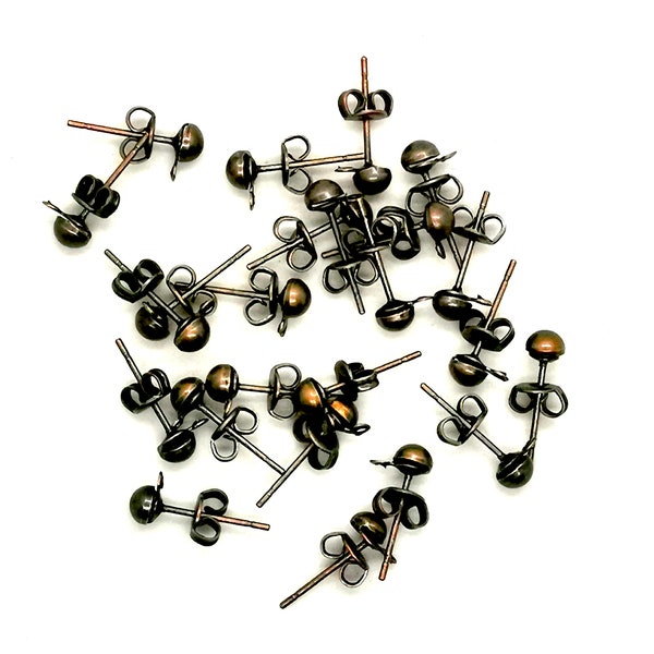 24 pcs - Clous tiges d'oreilles - Apprêt boucles métal cuivré vieilli avec anneau - 13 mm (sans nickel)