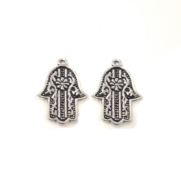 2 Pcs - Pendants Mains de Fatma - Breloque métal argenté vieilli 24 x 18 mm ( sans nickel)