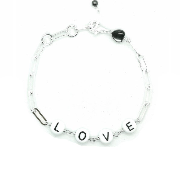 1 Pcs - Bracelet LOVE- chaine trombone - coeur nacre grise plaqué argent 10 micron 15.5 cm réglable