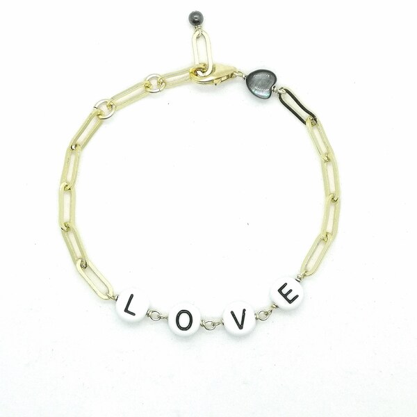 1 Pcs - Bracelet LOVE- chaine trombone - coeur nacre grise plaqué or 3 microns  15.5 cm réglable