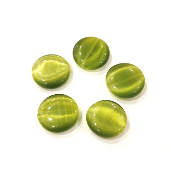 5 Pcs - Perles palets Oeil de chat rond en verre vert 15 x 0.5 mm